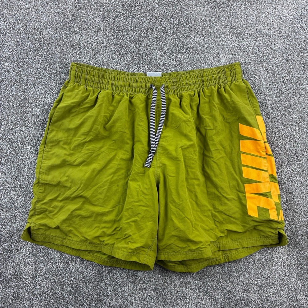 Nike Olive Green Athletic Shorts with Bold Yellow Side Logo